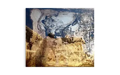 Small abstract epoxy wall panel in gold and slate blue on a white background