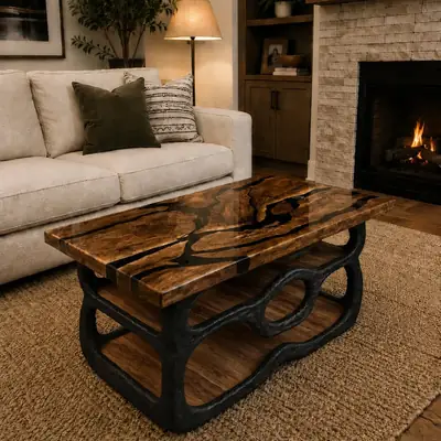 Live edge epoxy coffee table on an ornate metal base in a living room in front of a lit fireplace