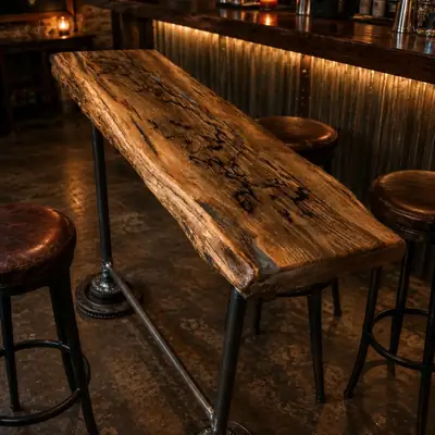 Live edge bar top with bar stools in a dark interior with warm backlighting behind it